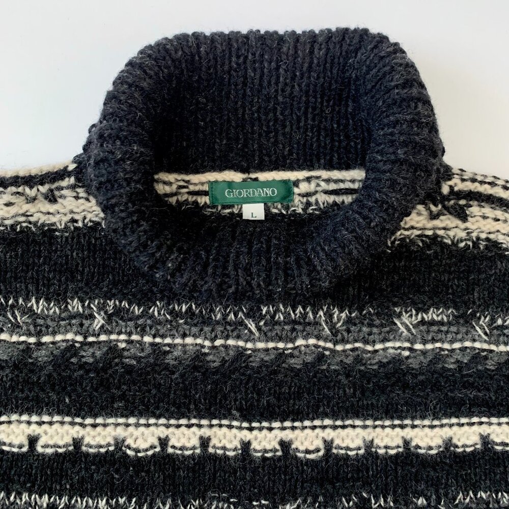 Vintage Giordano Wool Sweater Cowl Neck Striped Black White Fisherman Nordic - Picture 4 of 11